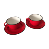 2 cups and their red enamelled saucer