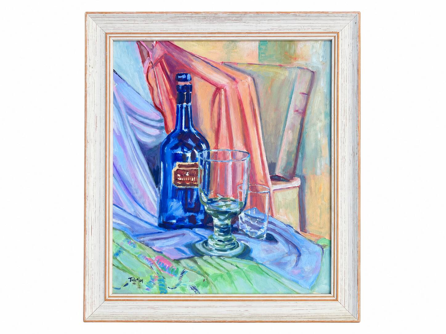 Still life with blue bottle and glass – Signed painting
