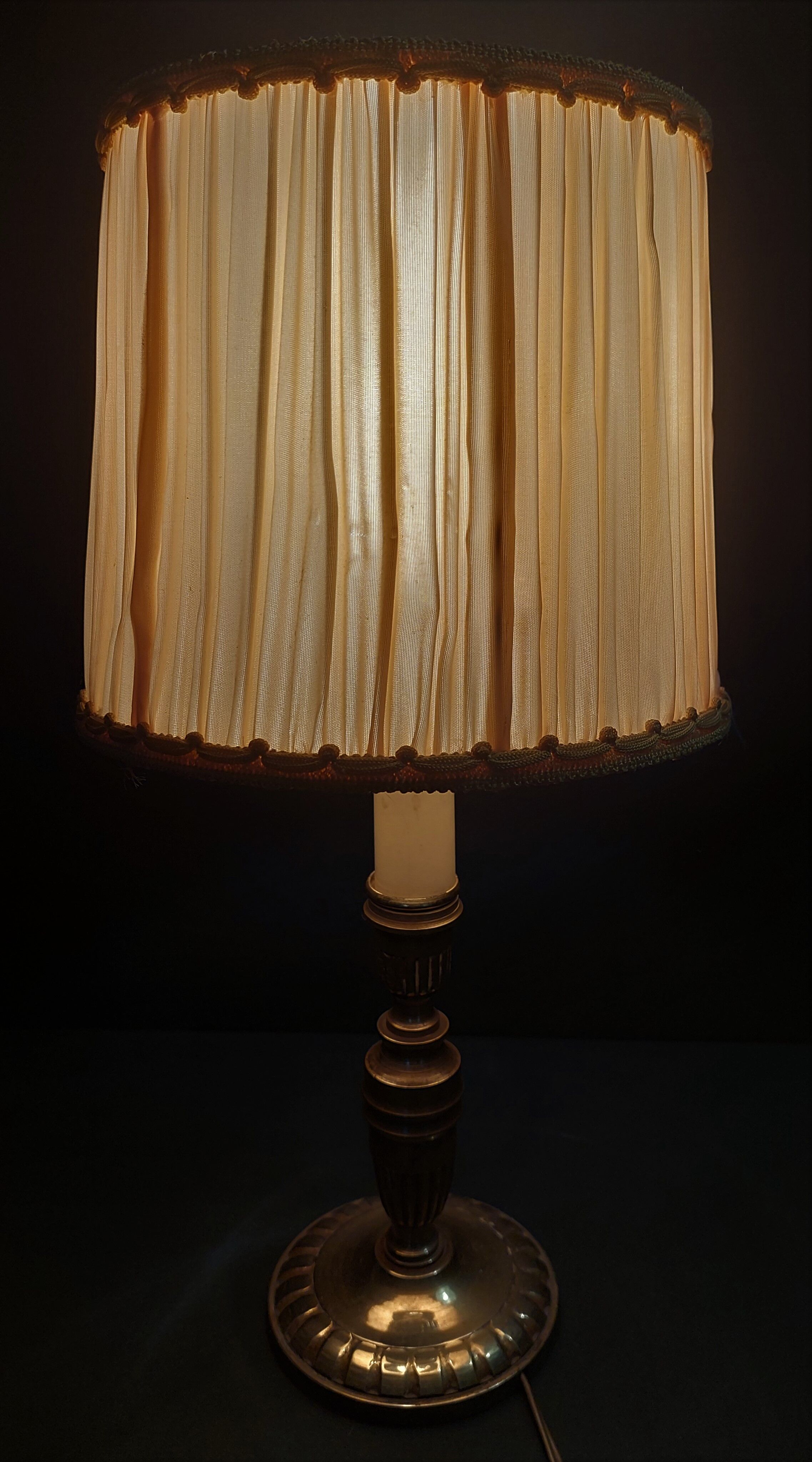 Vintage bedside table lamp brass lampshade pleated silk