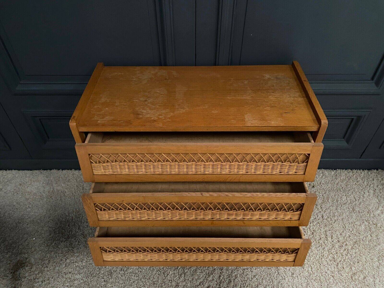 Light oak and rattan chest of drawers with compass feet, three drawers, 1960