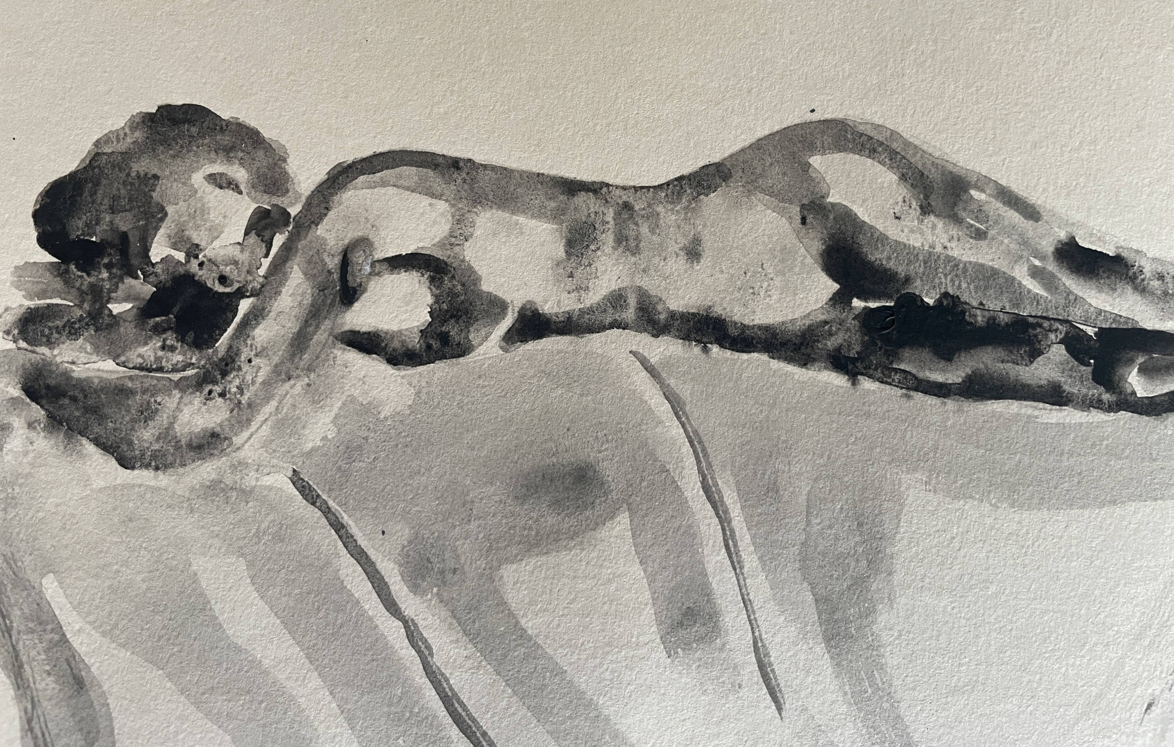 Black monochrome watercolor of a reclining woman signed