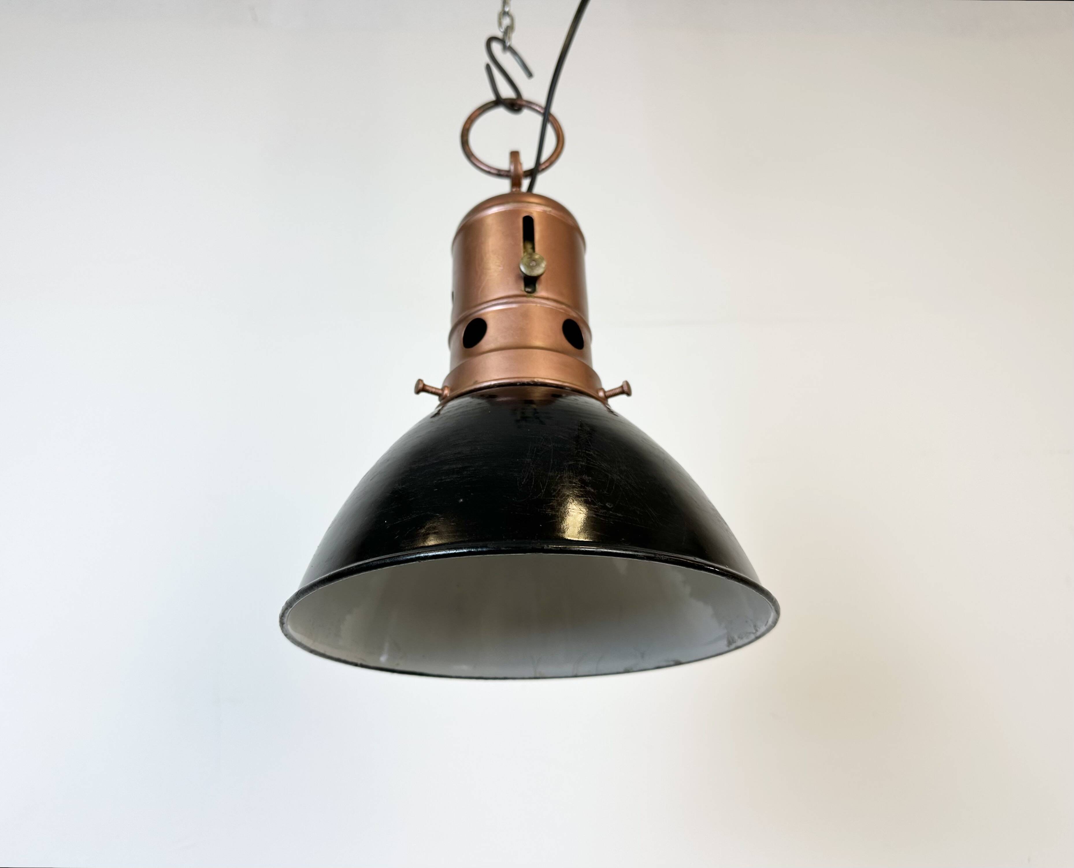 Industrial Italian Black Enamel Factory Lamp with Iron Top, 1950s