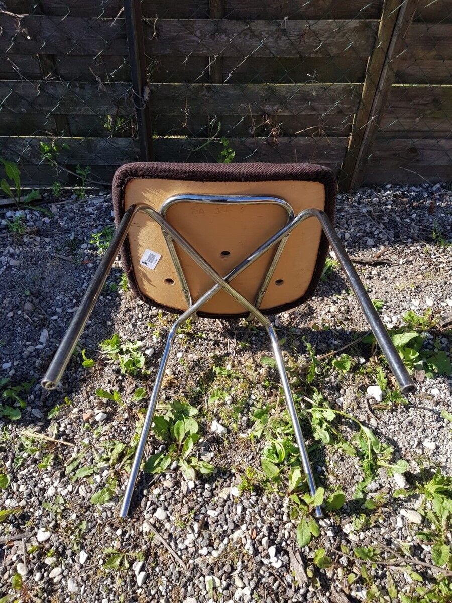 Pair of Vintage 1970s Chrome Metal Chairs with Brown Fabric #D