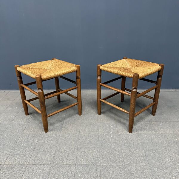 Ensemble de tabourets hollandais en bois de hêtre avec assise en paille