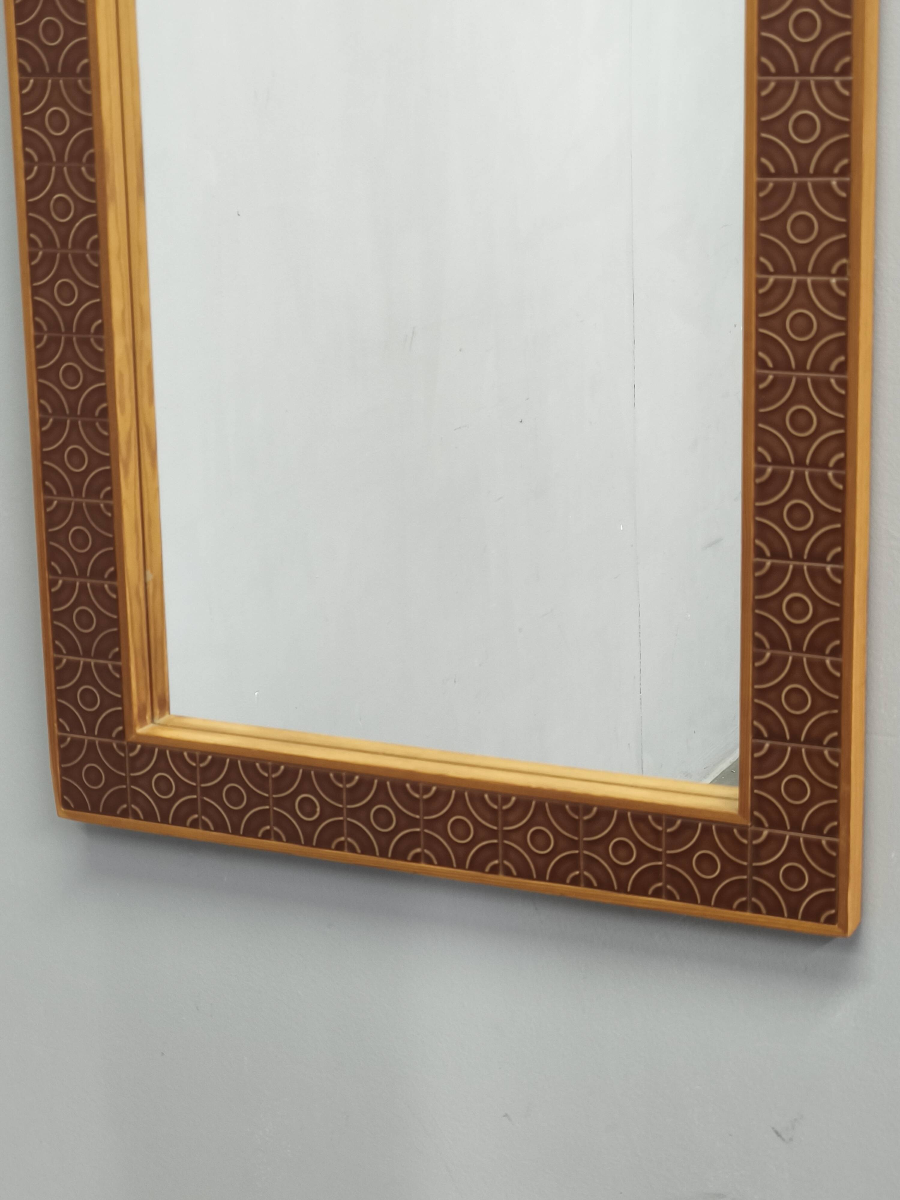 Danish Pine and Ceramic Tile Wall Mirror, 1960s