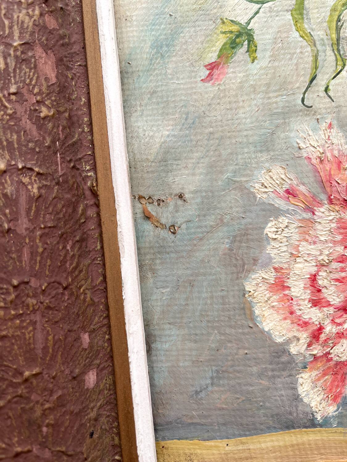 Antique oil painting on cardboard, bouquet of carnations, signed and dated 1899