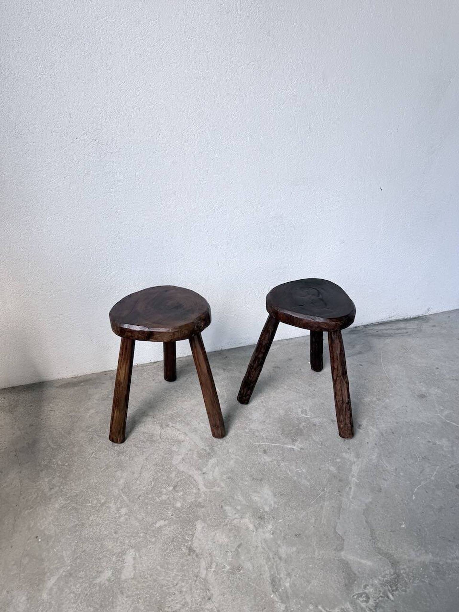 Pair of tripod stools in oak