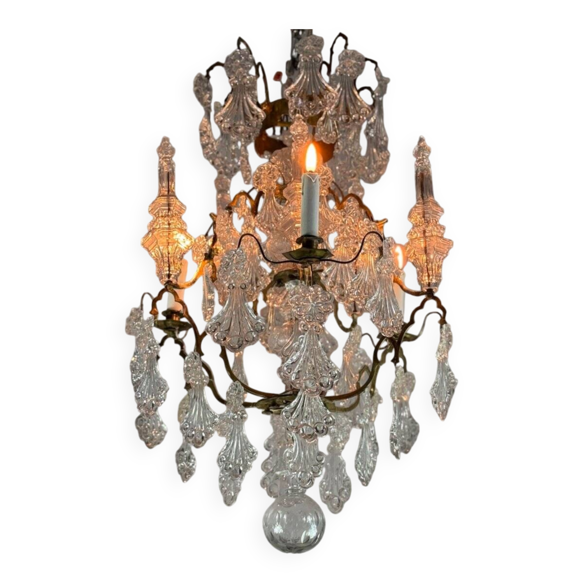 Cage chandelier, molded glass and bronze pendants, circa 1800