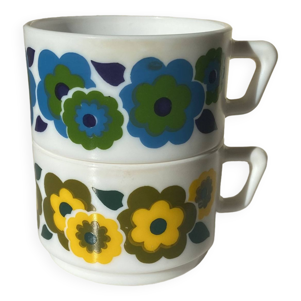 6 Tasses Et Soucoupes à Café Vintage Mobil France – Fleurs Lotus, Verre Opalin, Années 70
