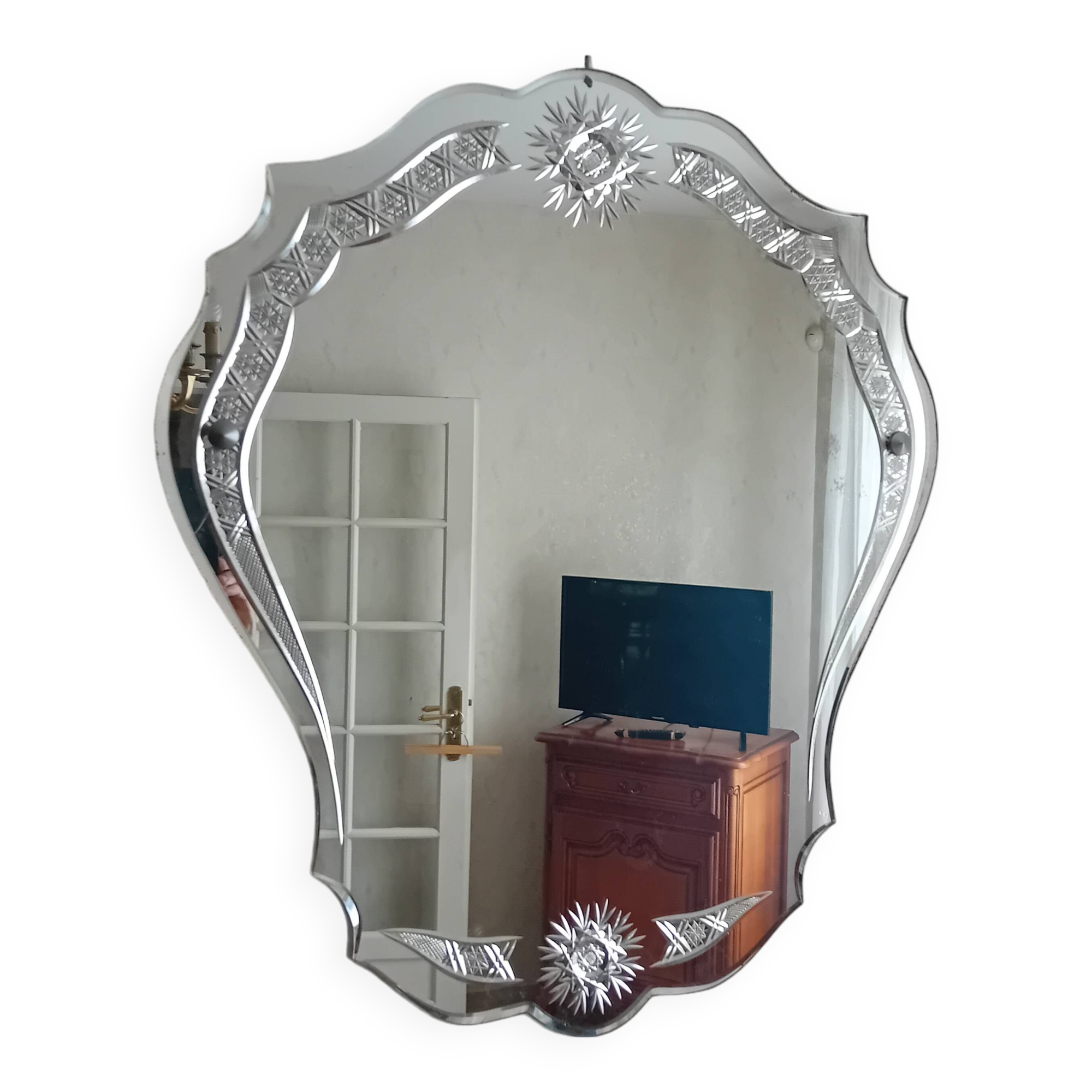 Beveled and chiseled mirror glass, art deco, 50s/60s