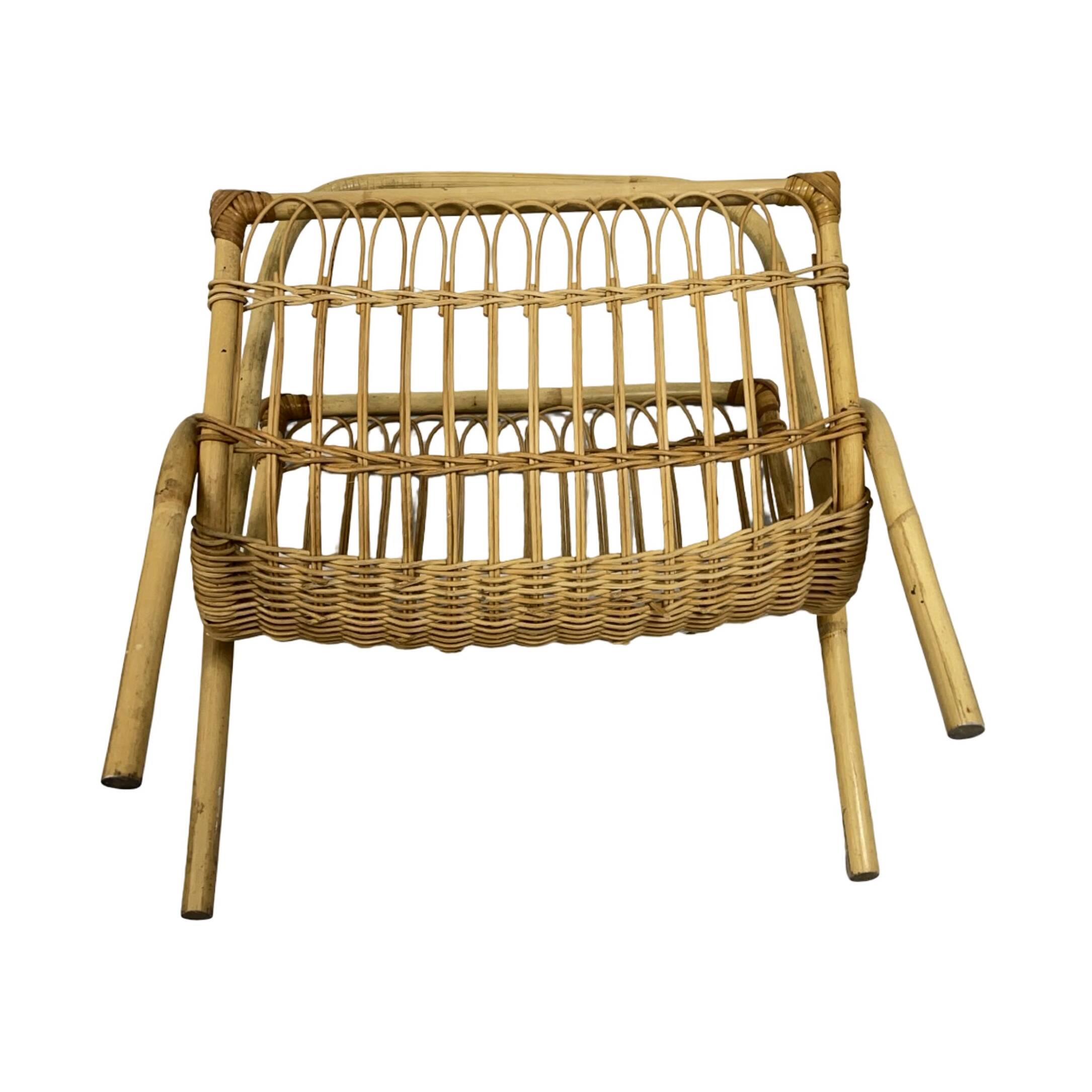 Vintage Wicker Newspaper Rack, Boho/PRL, Franco Albini Style, Italy 1970s