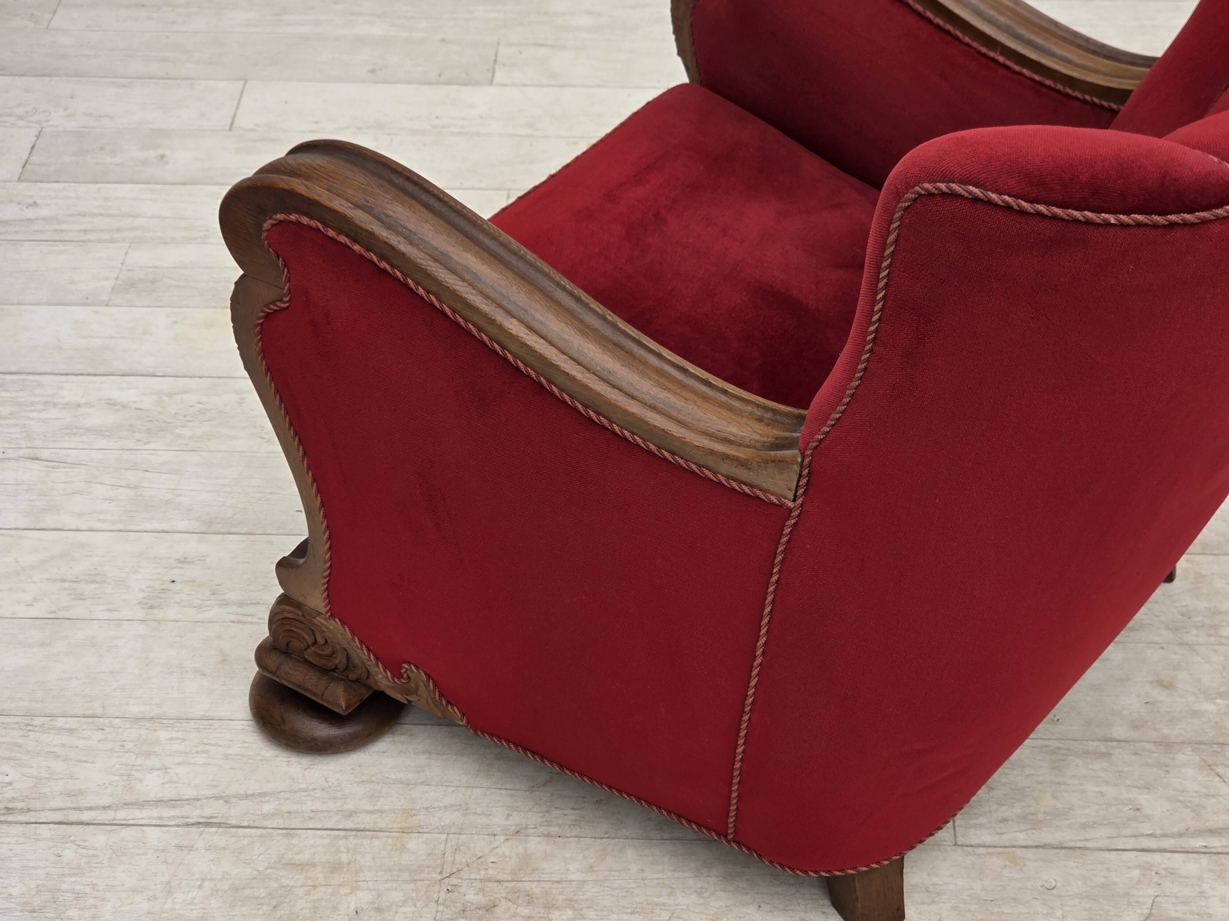 1950s, Danish relax armchair, furniture velour, carved oak wood.