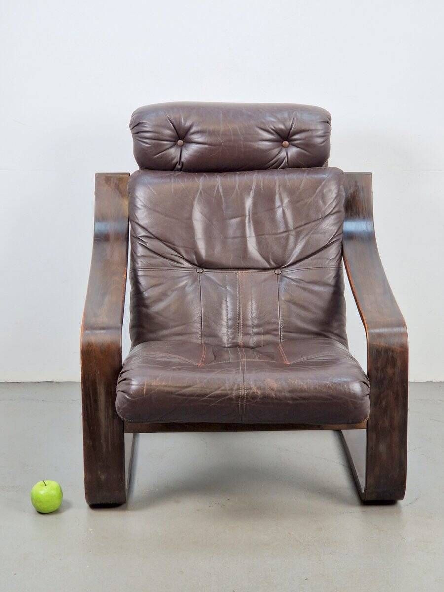 Vintage Armchair in Brown Leather and Bentwood attributed to Coja, 1970s