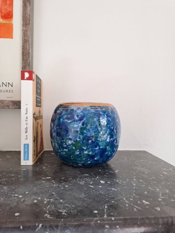 Vase signé Louis Dage années 20 ou années 30 effet marbré bleu vert et dorure