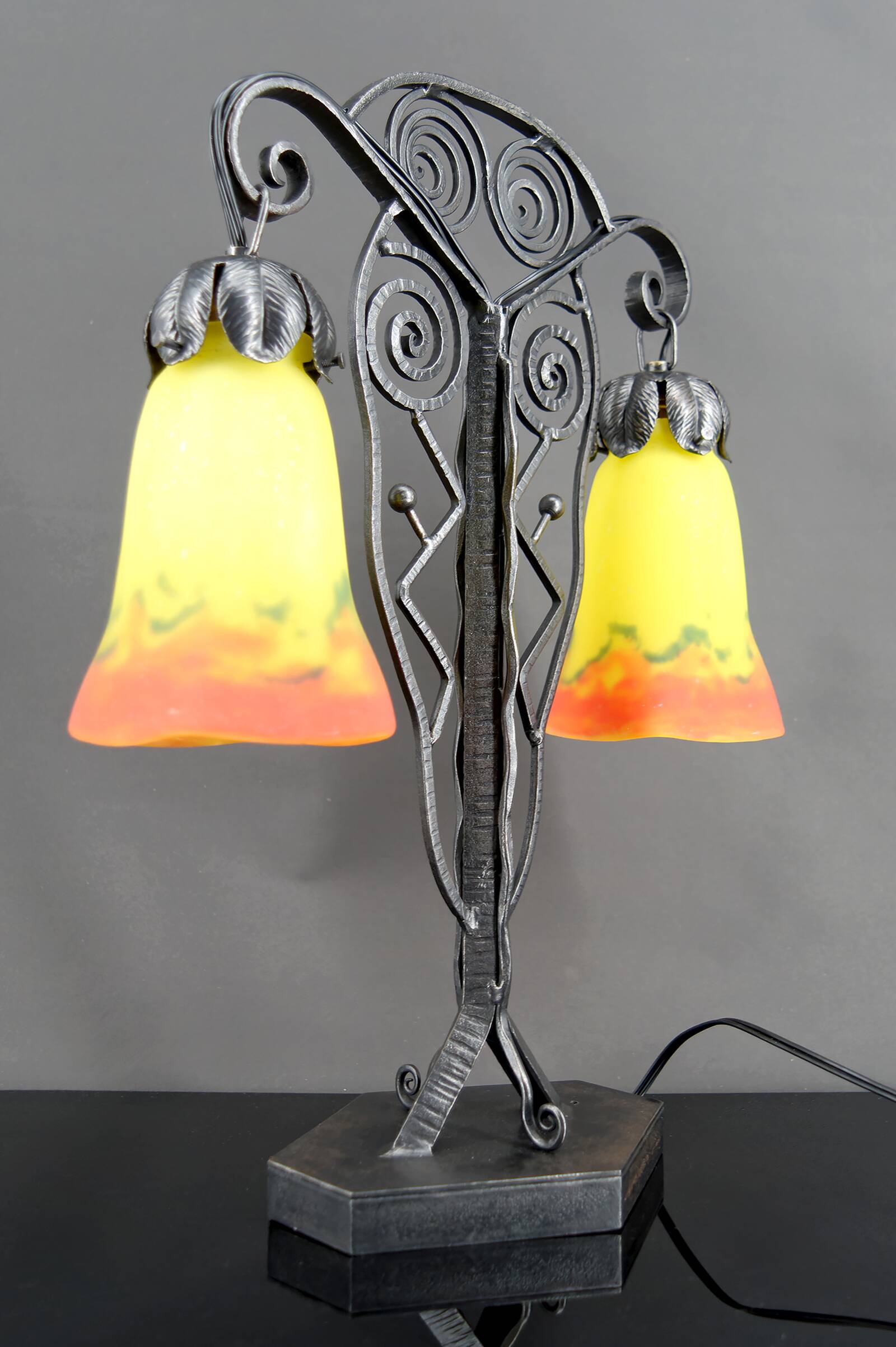Bicéphale Art Deco lamp in wrought iron – Muller Frères Lunéville, circa 1930