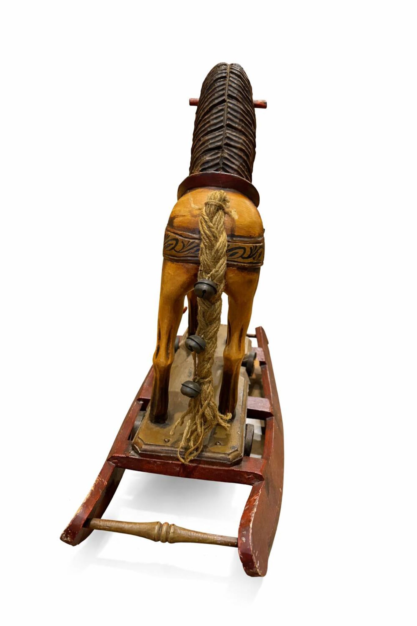 Ancient wooden rocking horse with original paint, hand-carved.
