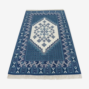 Traditional Tunisian wool carpet blue knotted by hand