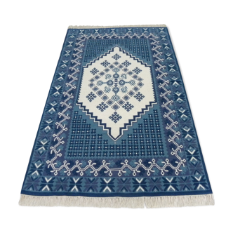 Traditional Tunisian wool carpet blue knotted by hand