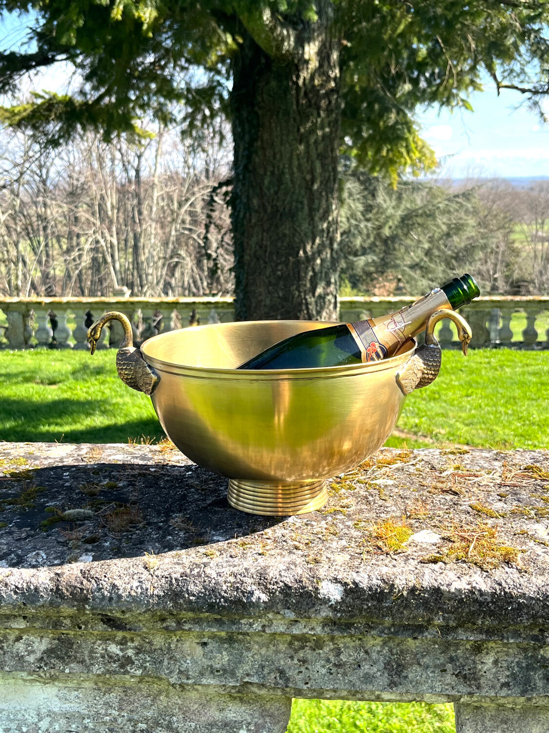 Swan Brass Champagne Cooler – Vintage Solid Sculptural Swan Handles