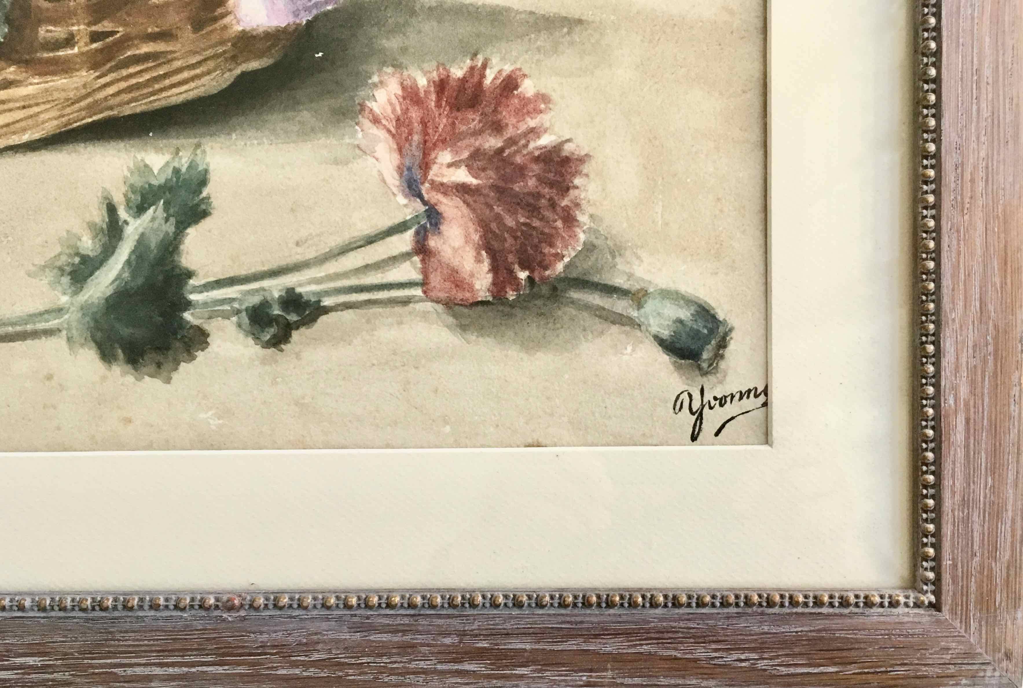 Watercolor painting basket of peonies