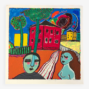 Guillaume Corneille (1922-2010) Grande lithographie signée : La maison rouge : Hommage à Edvard Munc