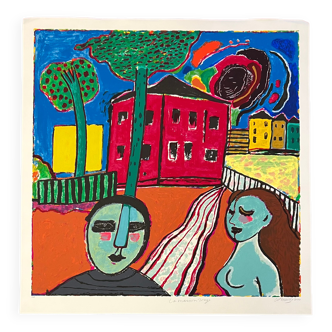 Guillaume Corneille (1922-2010) Large signed lithograph: The red house: Homage to Edvard Munc