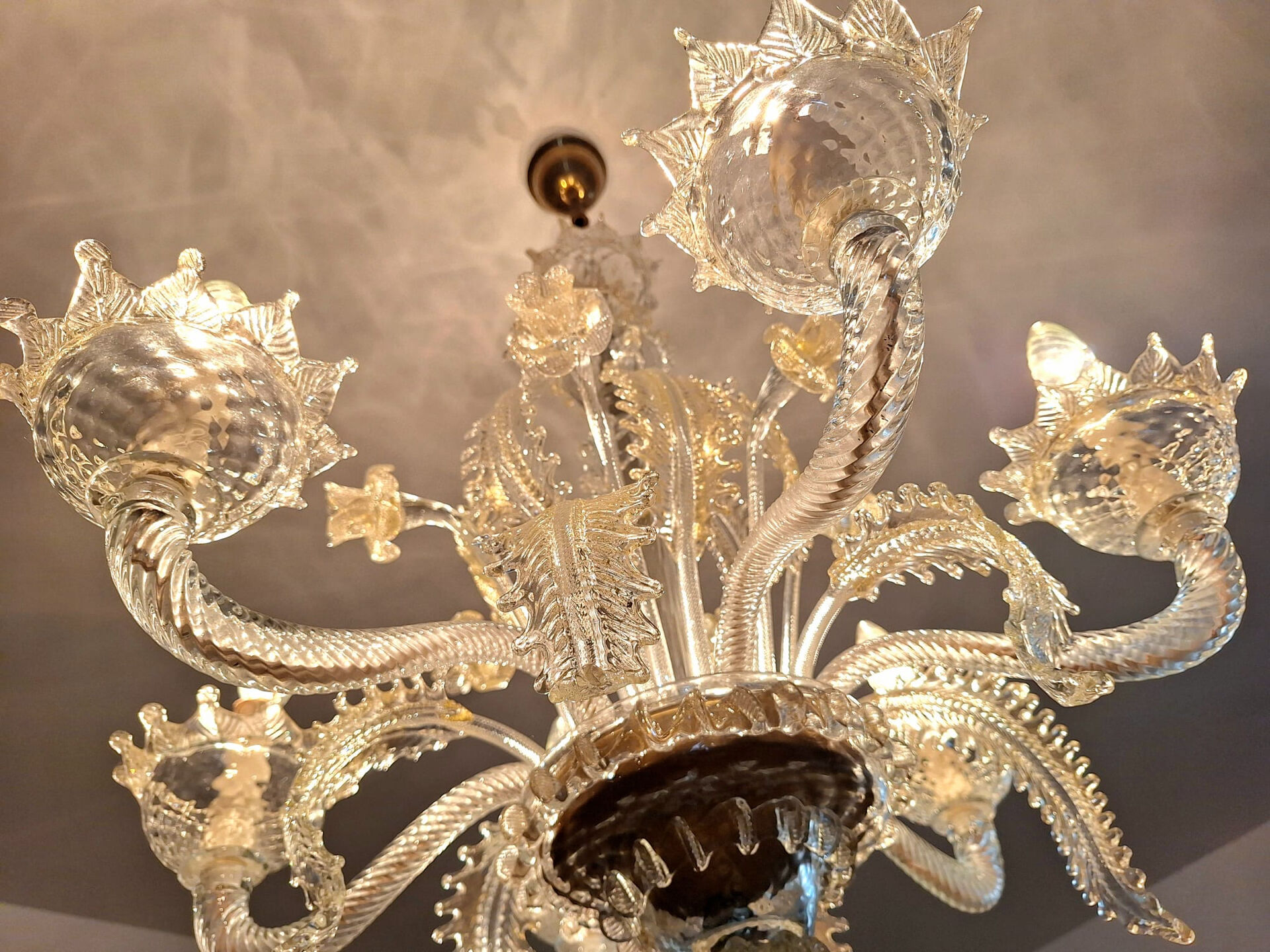 Large Murano glass chandelier with gold leaves, vintage light fixture.