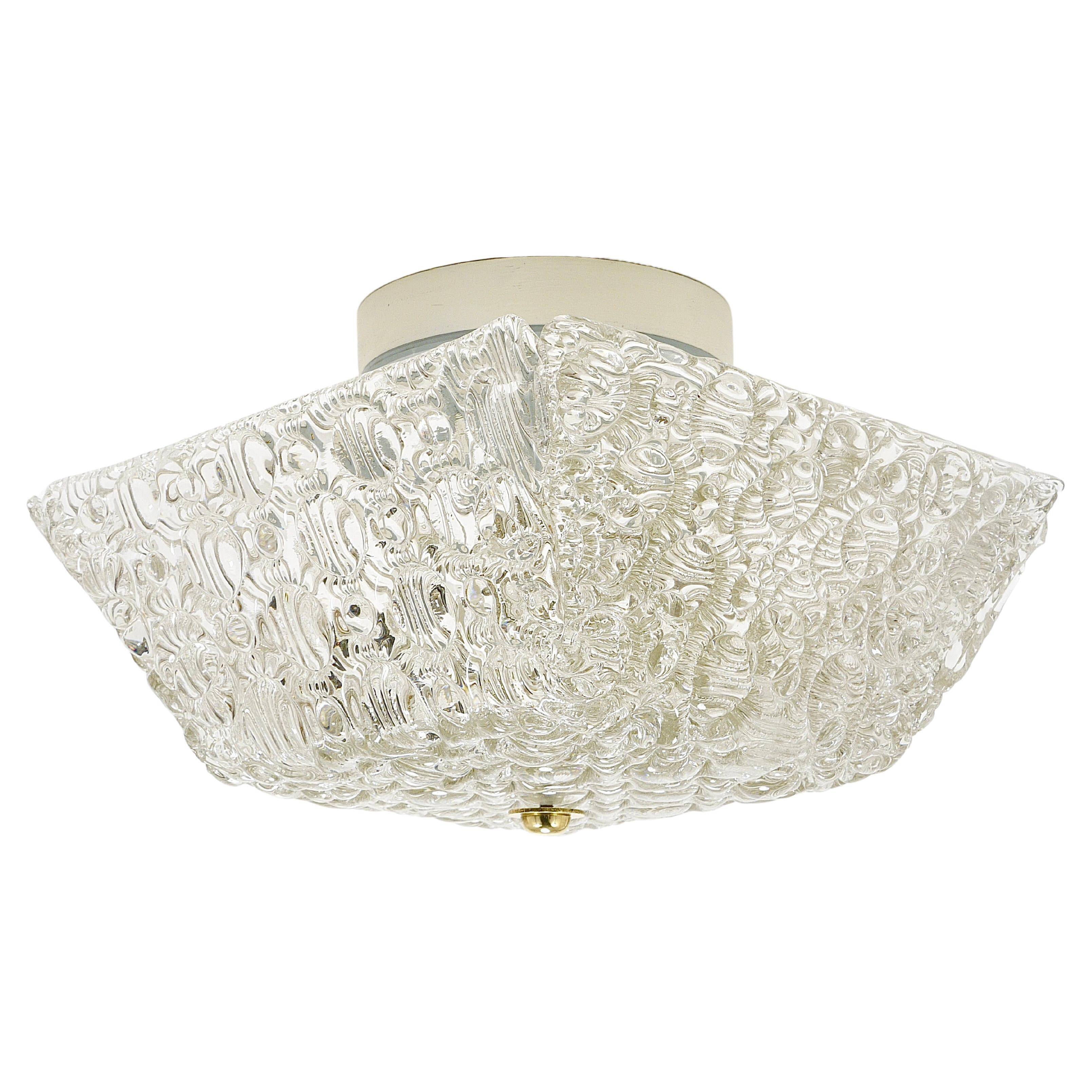 J.T. Kalmar Square Applique Ceiling Light in Brass and Textured Glass, 1950s