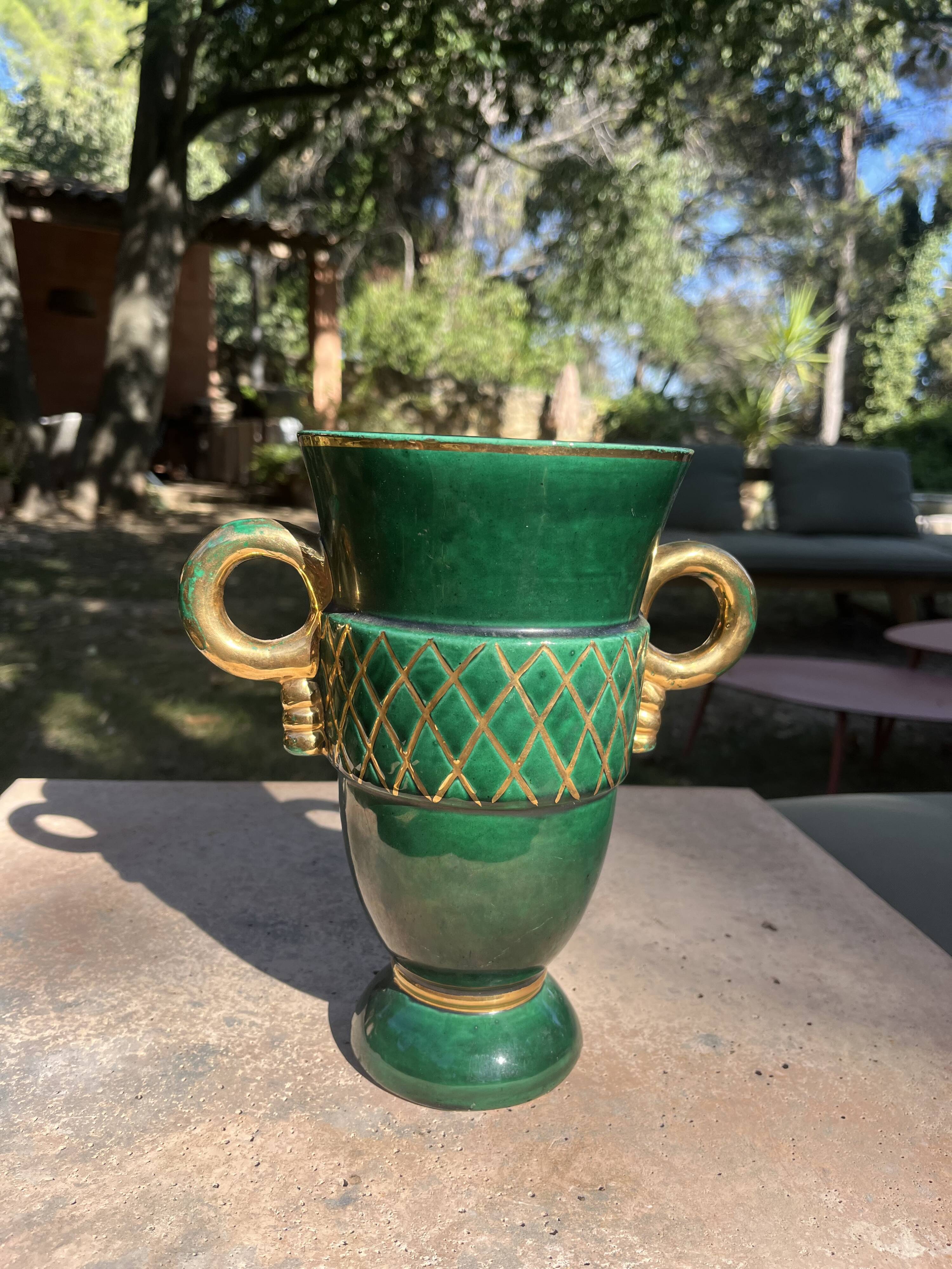 White Letalle vase for Saint Clément - model 4212 in green and gold.