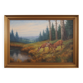 Painting „Two Deer by the Water”, Danish design, 1960s, by Wolmer Zier