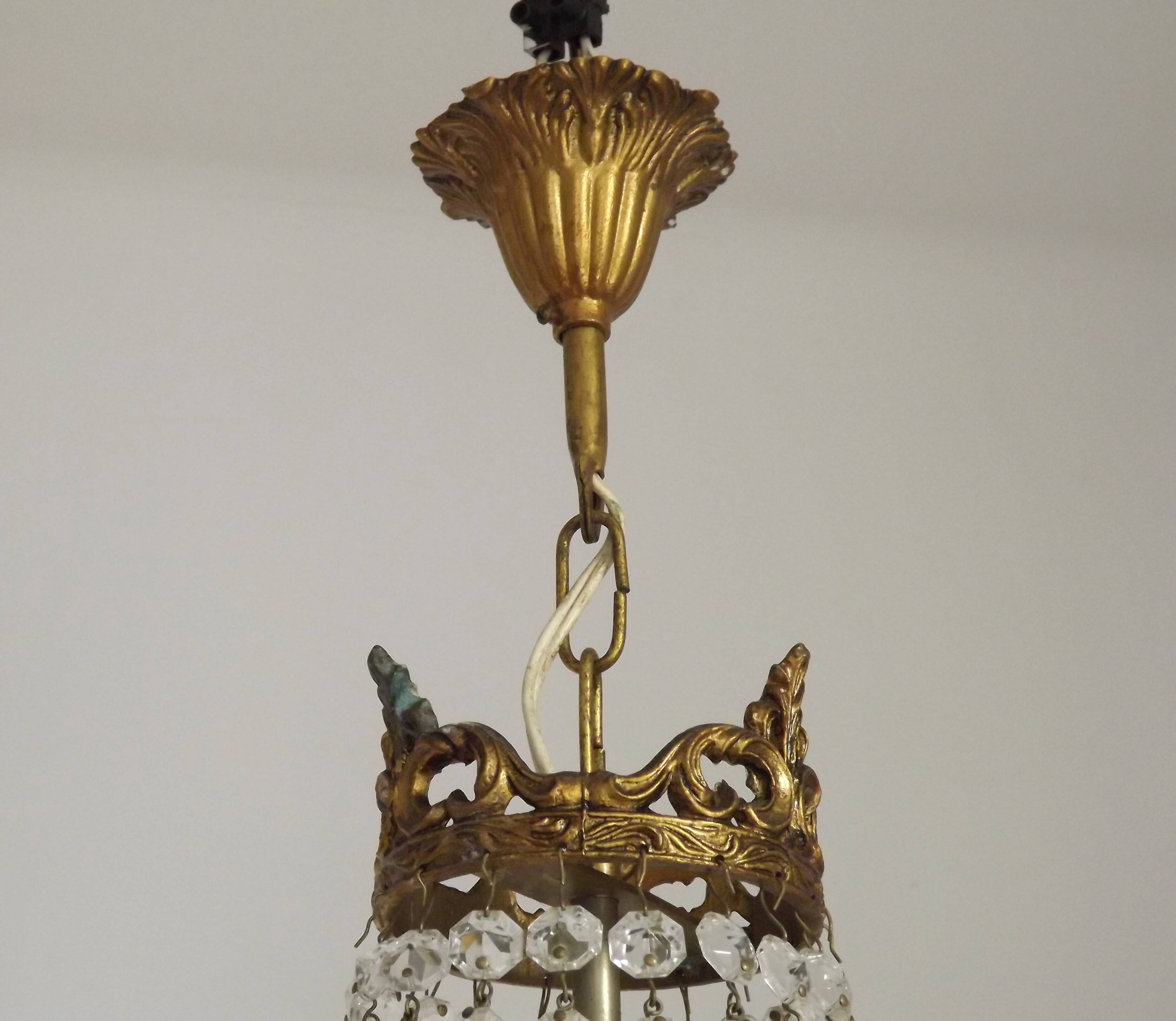 French Empire Style 3 Light Bronze Montgolfier Crystal Basket Chandelier