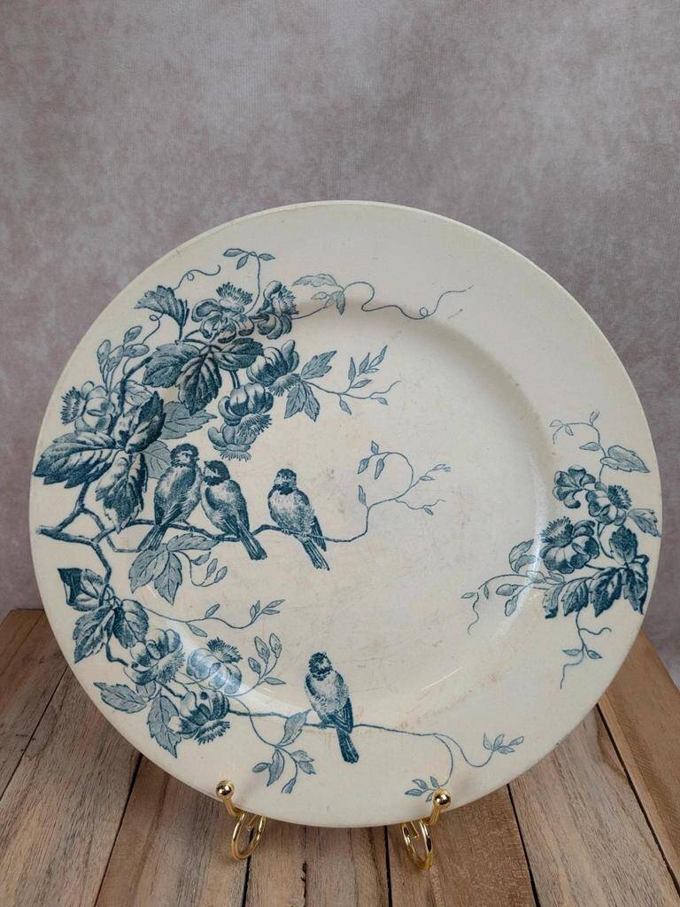 Antique plate Terre de Fer Le Bûcheron Paris – Blue bird decoration