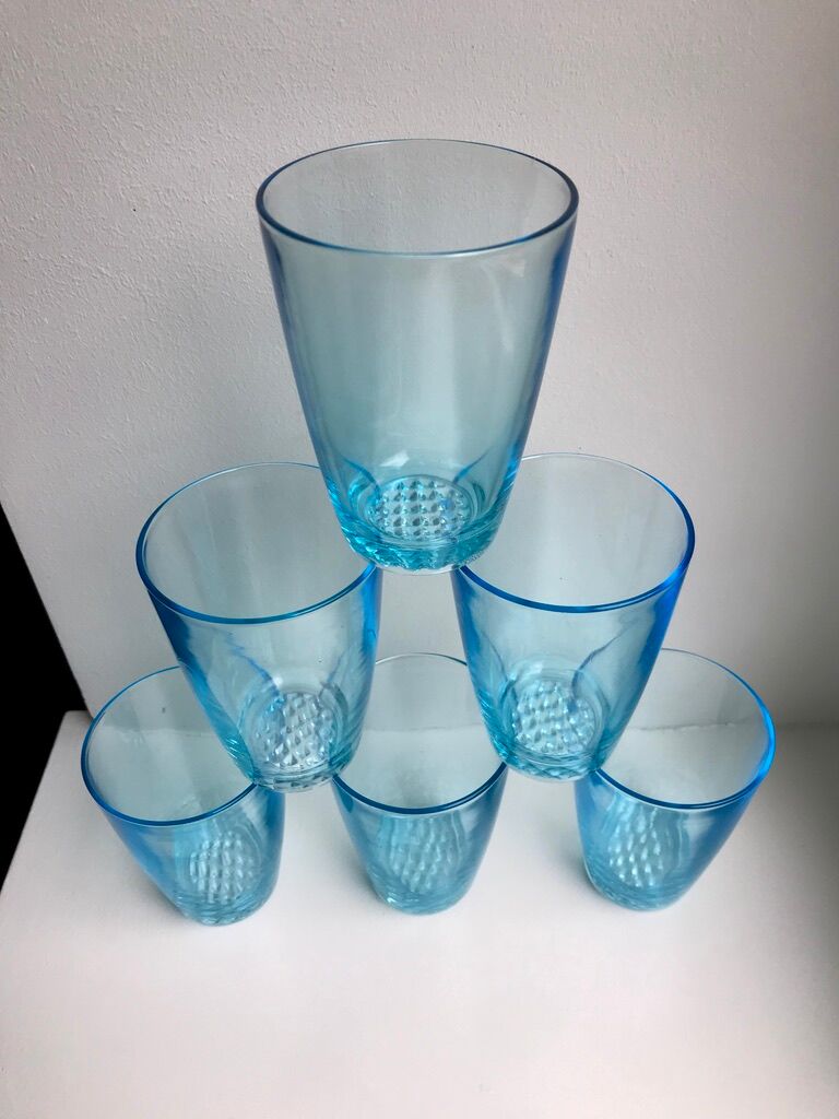 set of 6 water glasses Made in France blue glass 70s