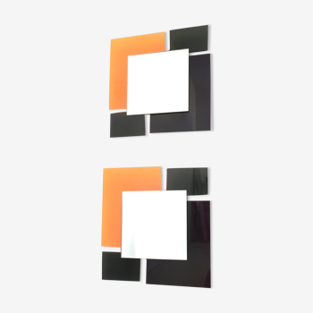 Pair of square postmodern black and orange wall mirrors in the style of sottsass, 1980s