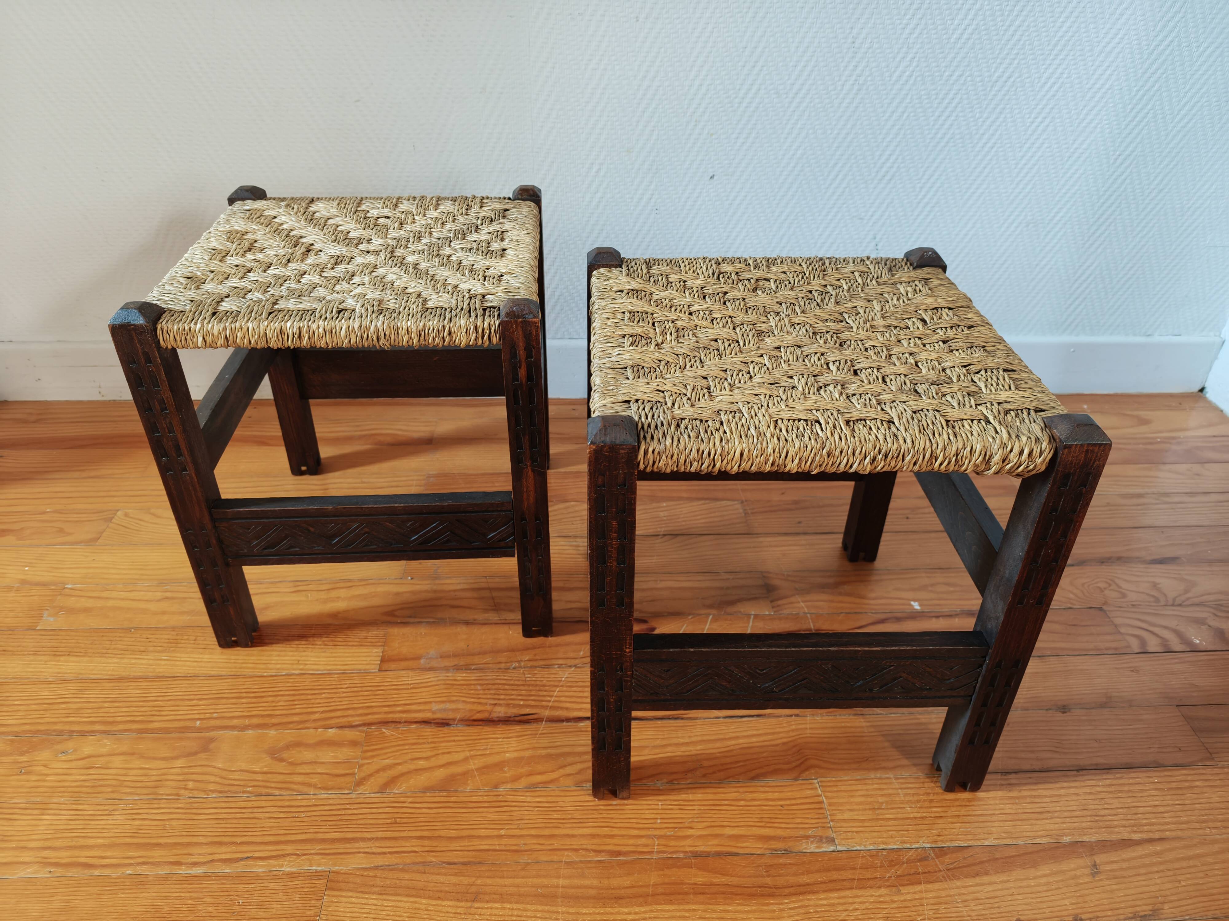 Pair of handcrafted stools from Friuli in carved wood, Italy, circa 1960.