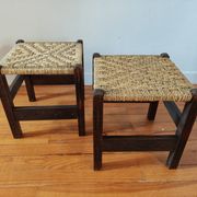 Pair of handcrafted stools from Friuli in carved wood, Italy, circa 1960.