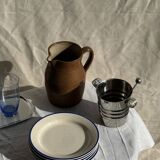 Set consisting of 6 beige flat plates with a blue rim + 3 deep plates.