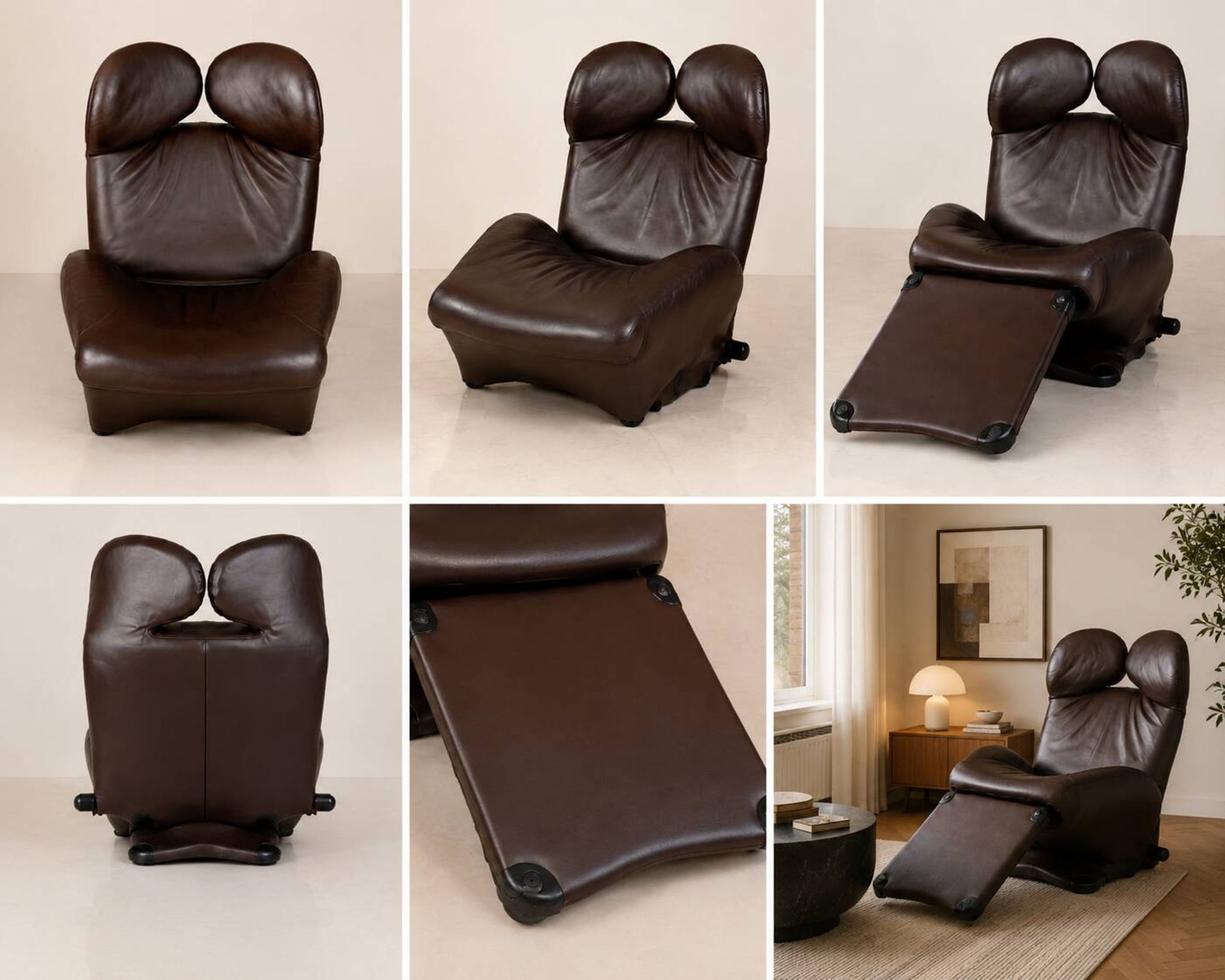 "111 Wink" armchair in brown leather by Toshiyuki Kita for Cassina