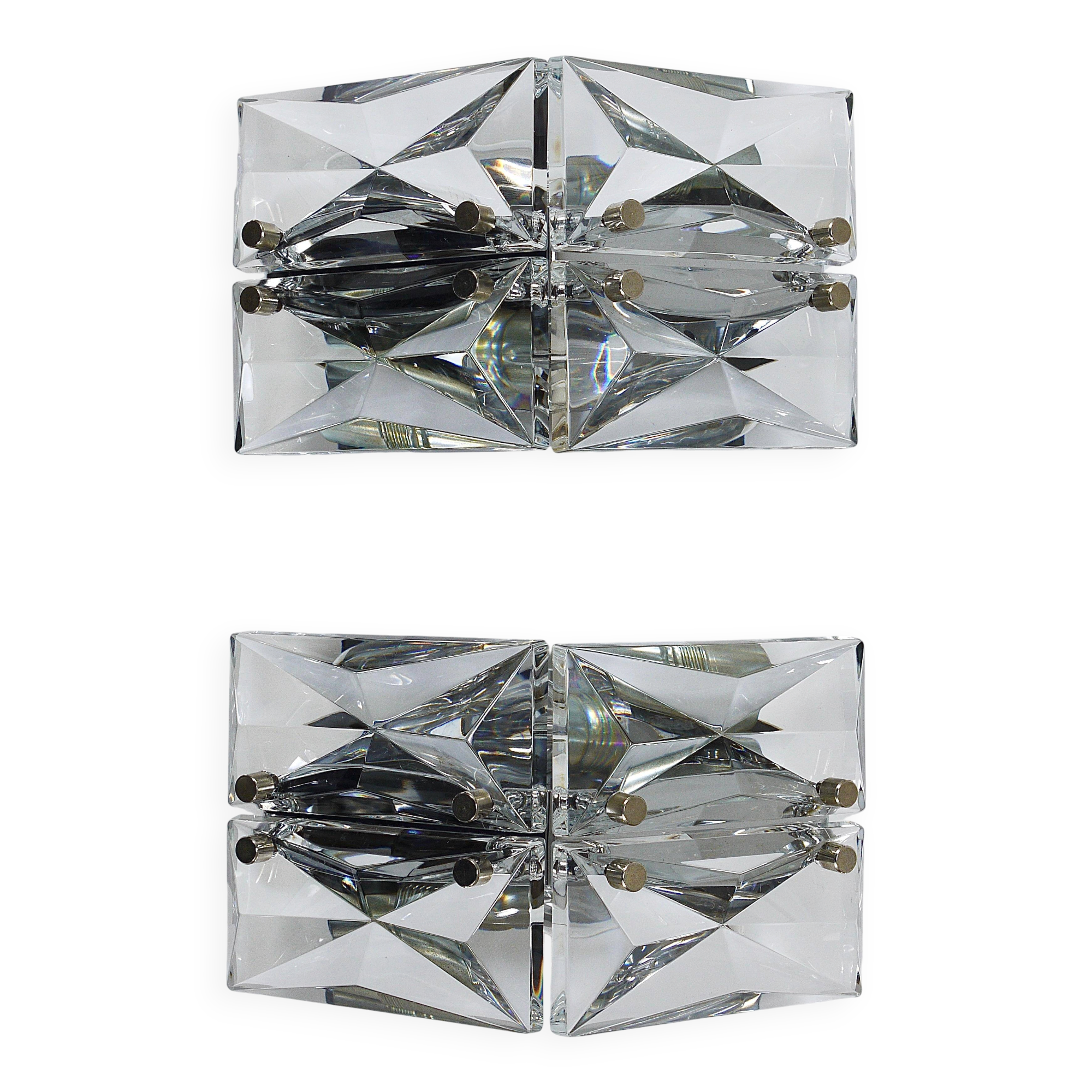 Pair of wall sconces in faceted crystal and chrome / prism glass wall lamps by Kinkeldey