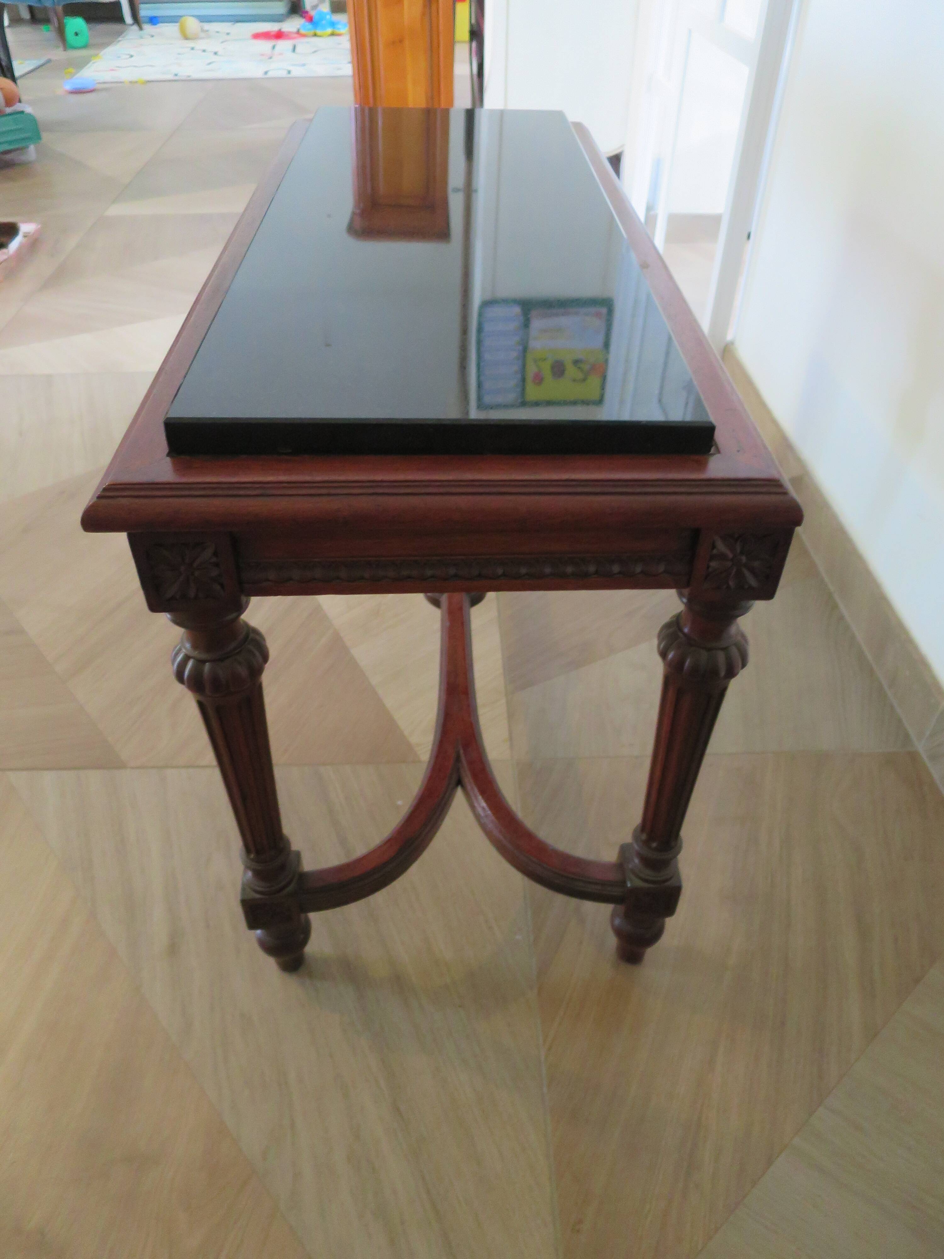 Coffee table - black marble top - Louis XIII style - H-shaped crossbar base