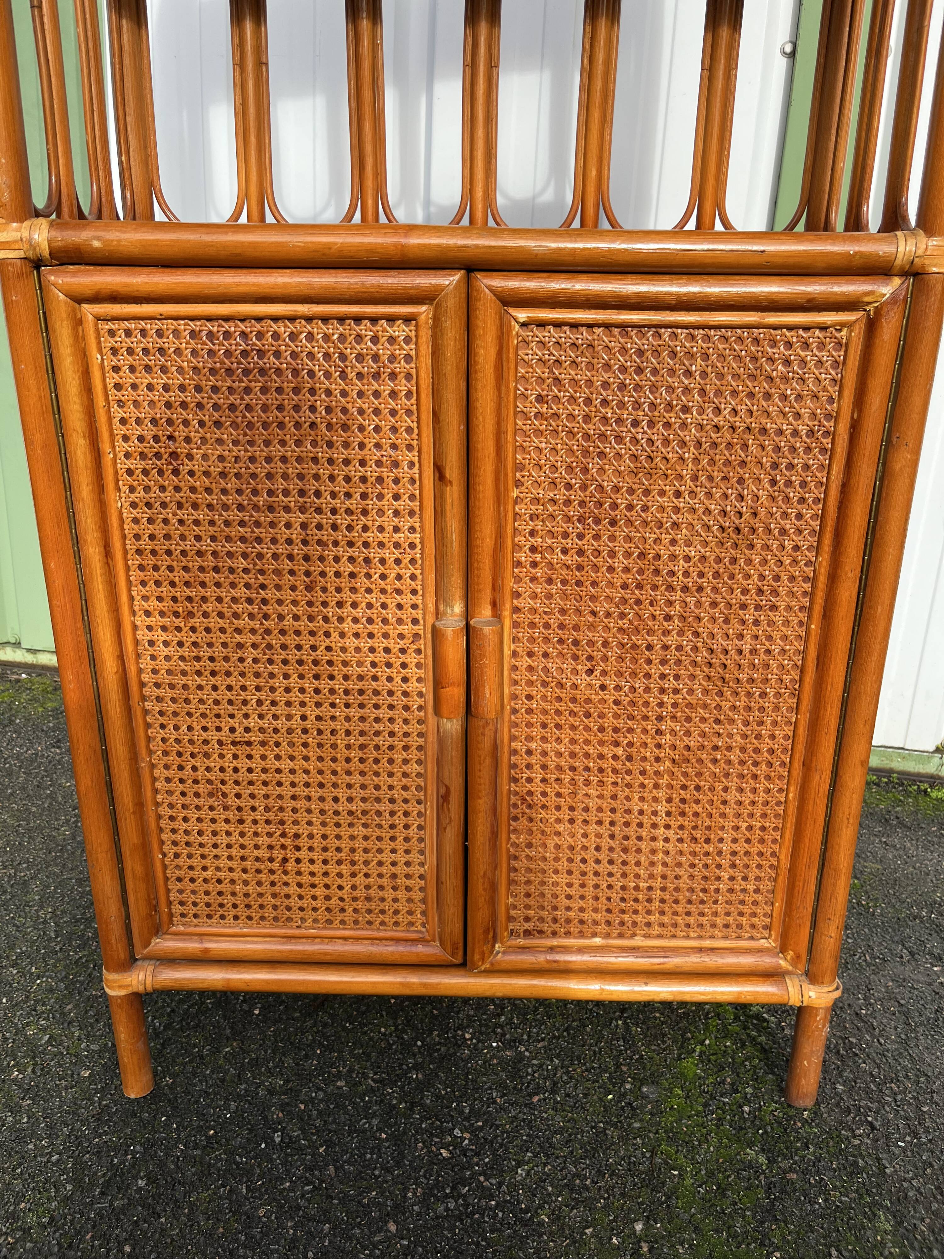Vintage rattan, wood and cane shelf bookcase