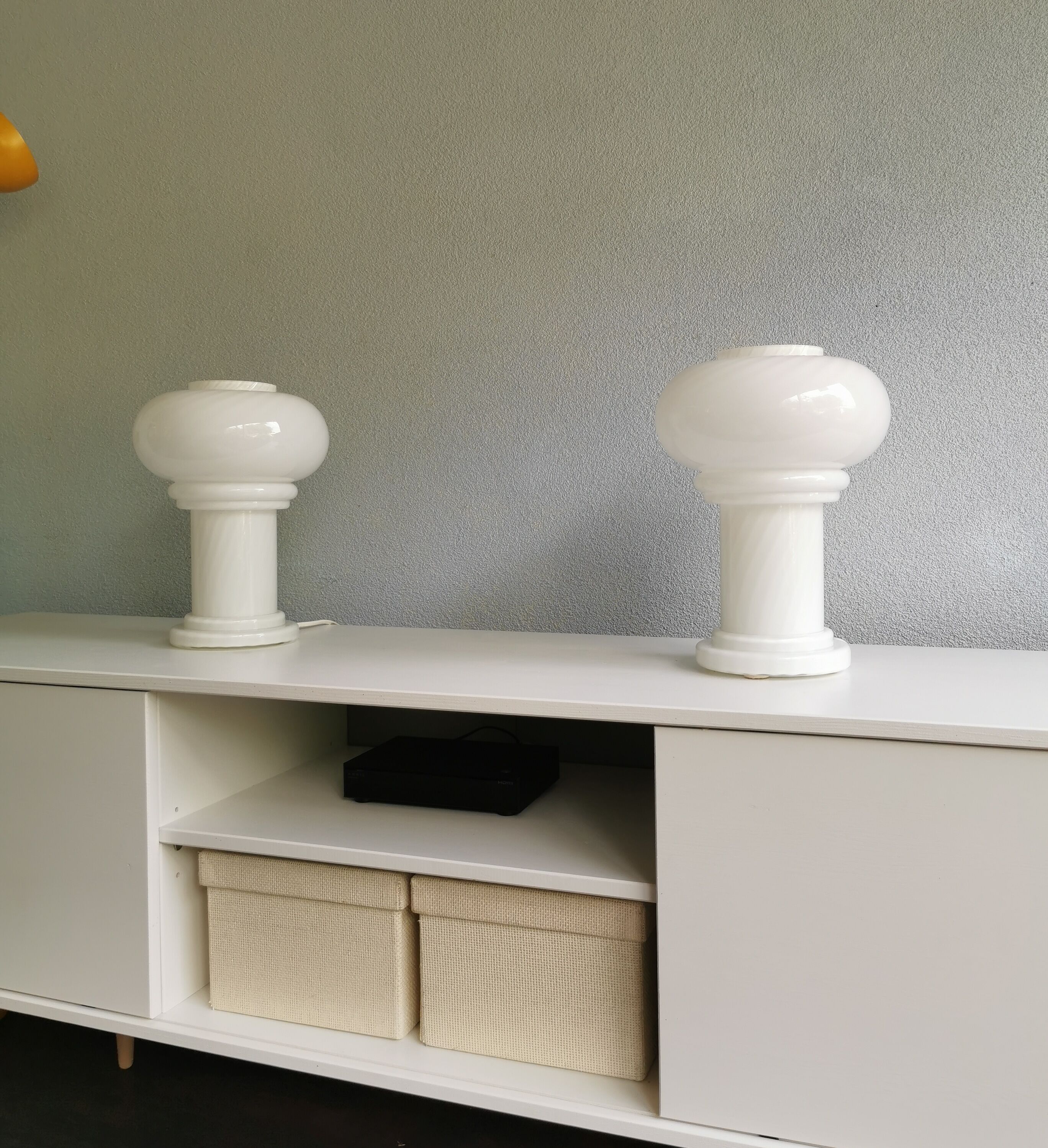 Set of 2 white glass mushroom table lamps, eighties