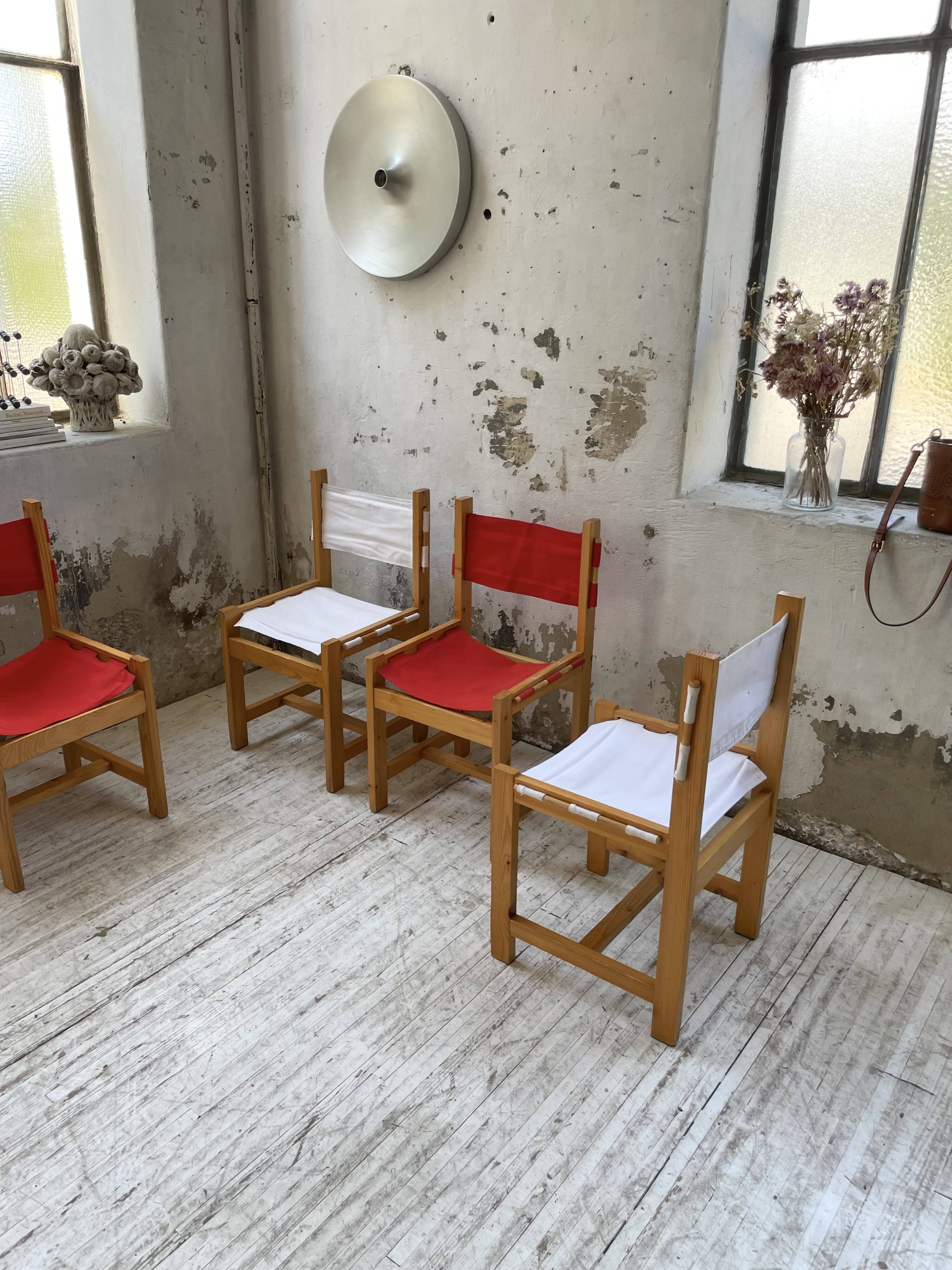 Set of 4 80s colored pine chairs