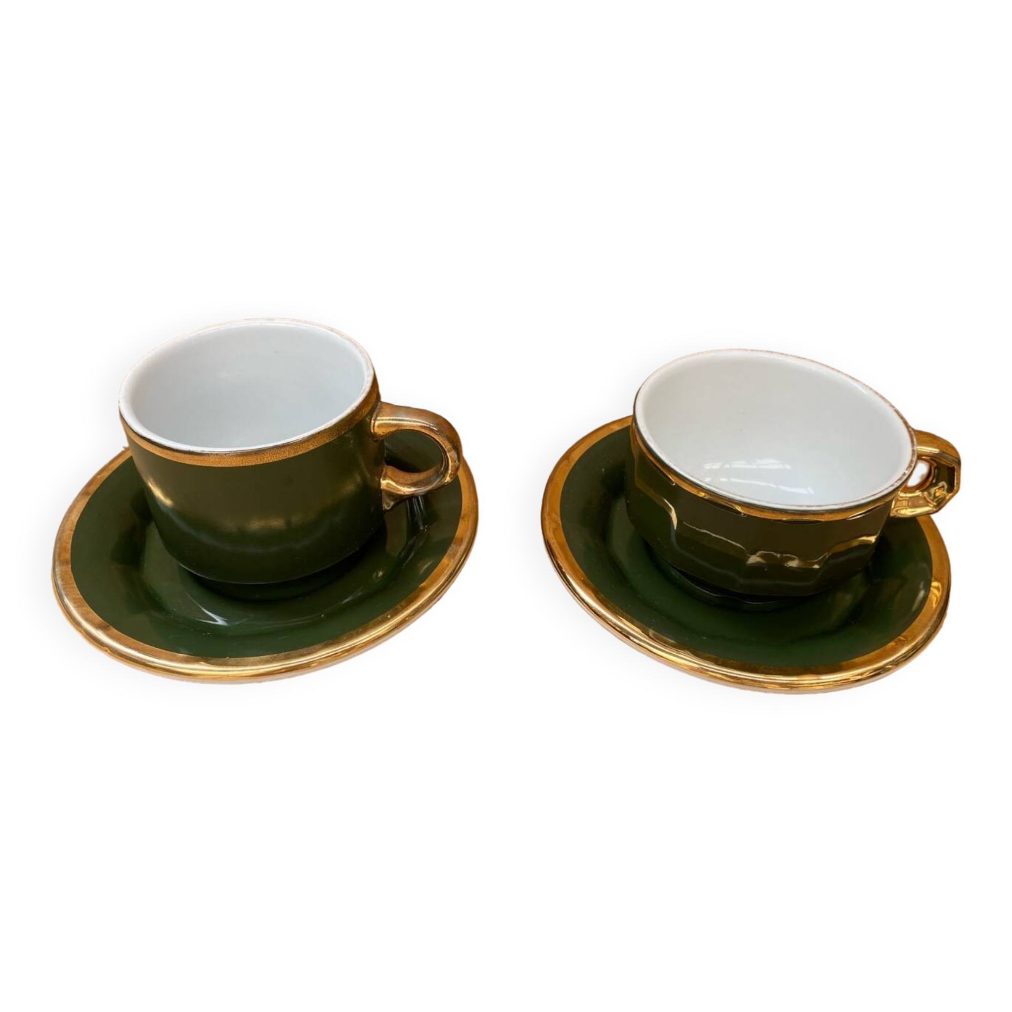 Pair of antique pillivuyt green & gold porcelain vintage cups