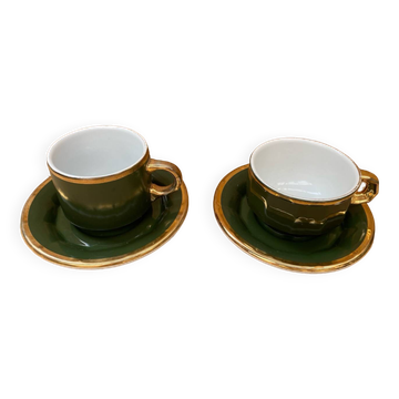 Paire ancienne tasse pillivuyt porcelaine verte & dorée vintage