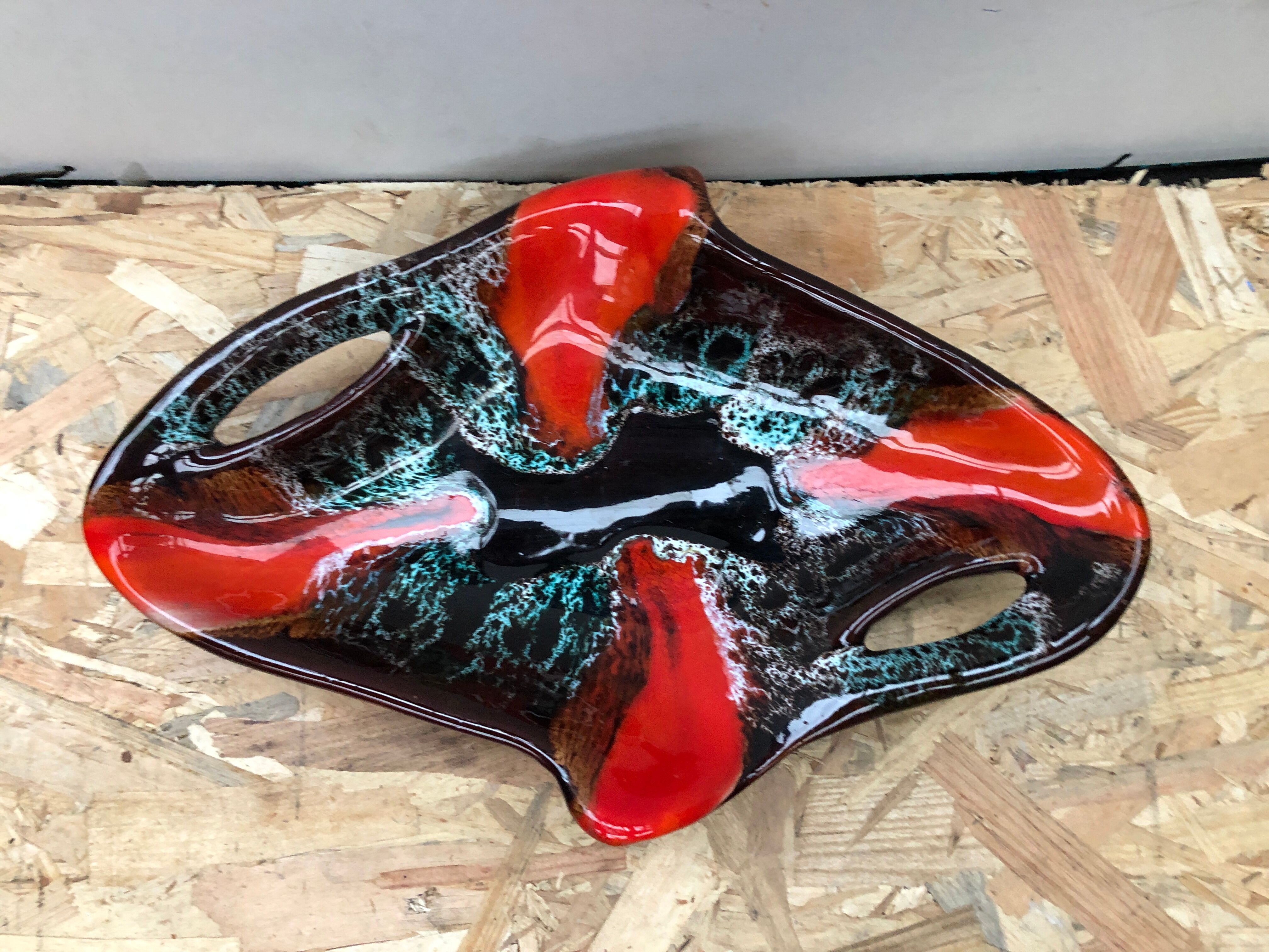 Old dish ceramic brown red black vintage