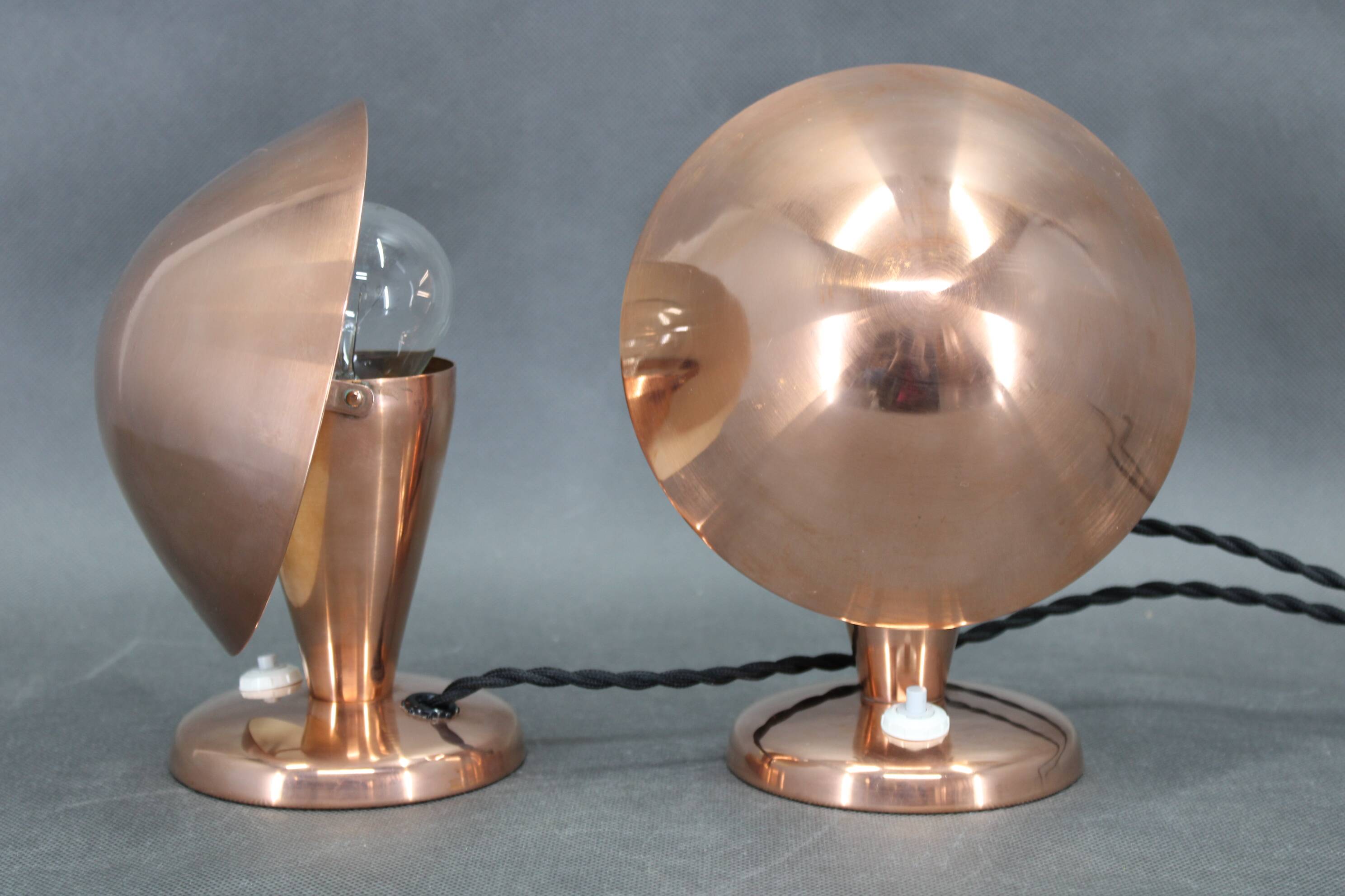 1930s Pair of Bauhaus Mushroom Table Lamps in Copper Finish, Czechoslovakia