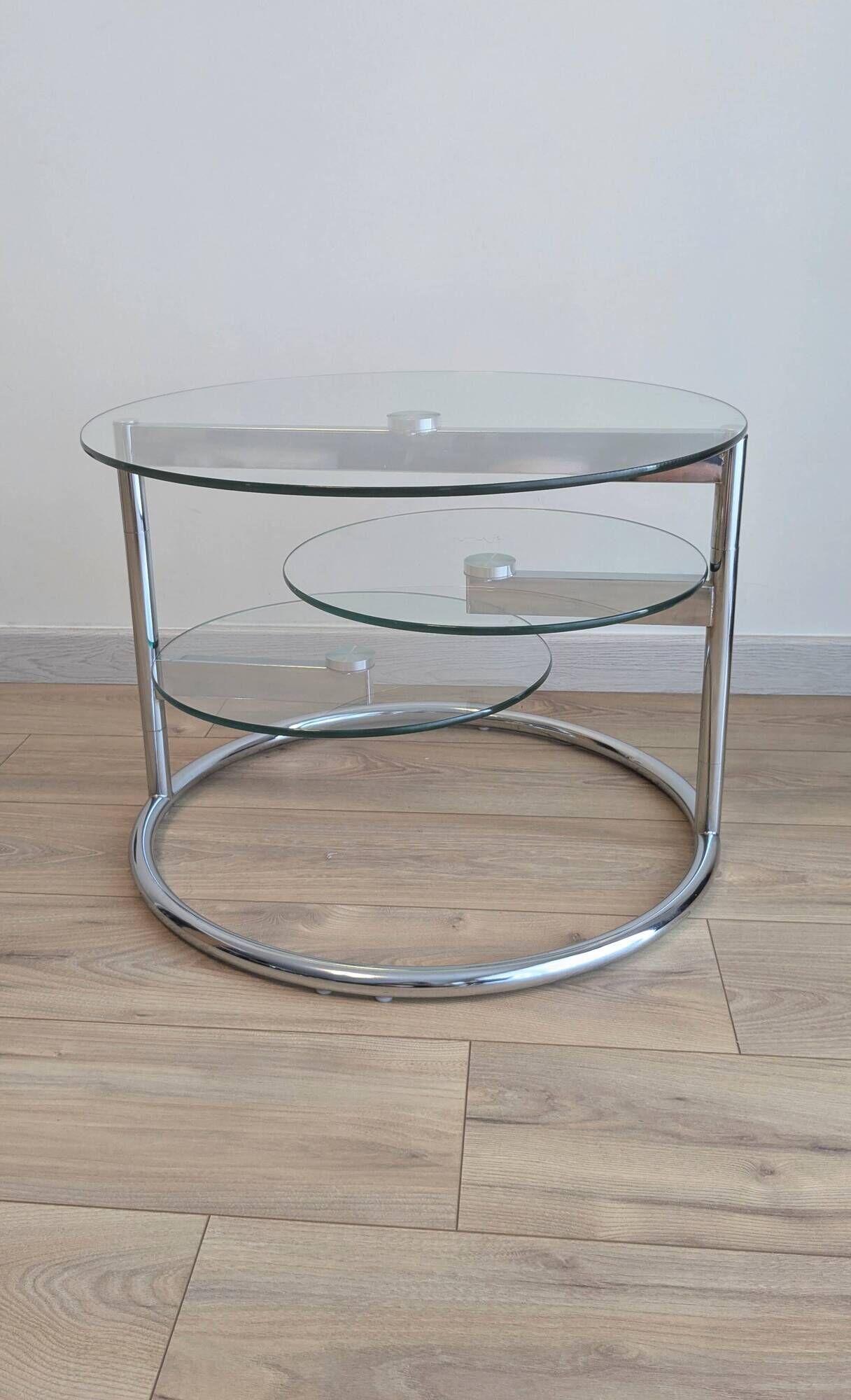 Vintage swivel coffee table with 3 glass and chrome trays – 1980s