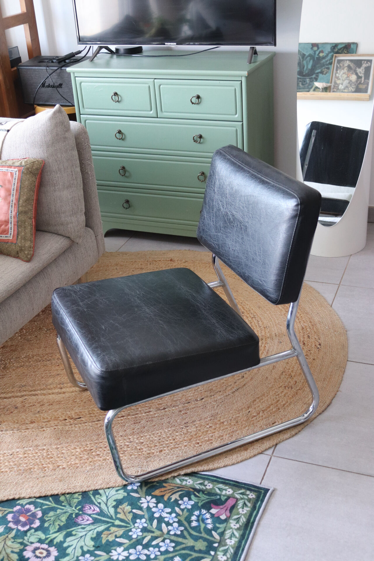 Vintage black tubular chrome armchair – 1970s