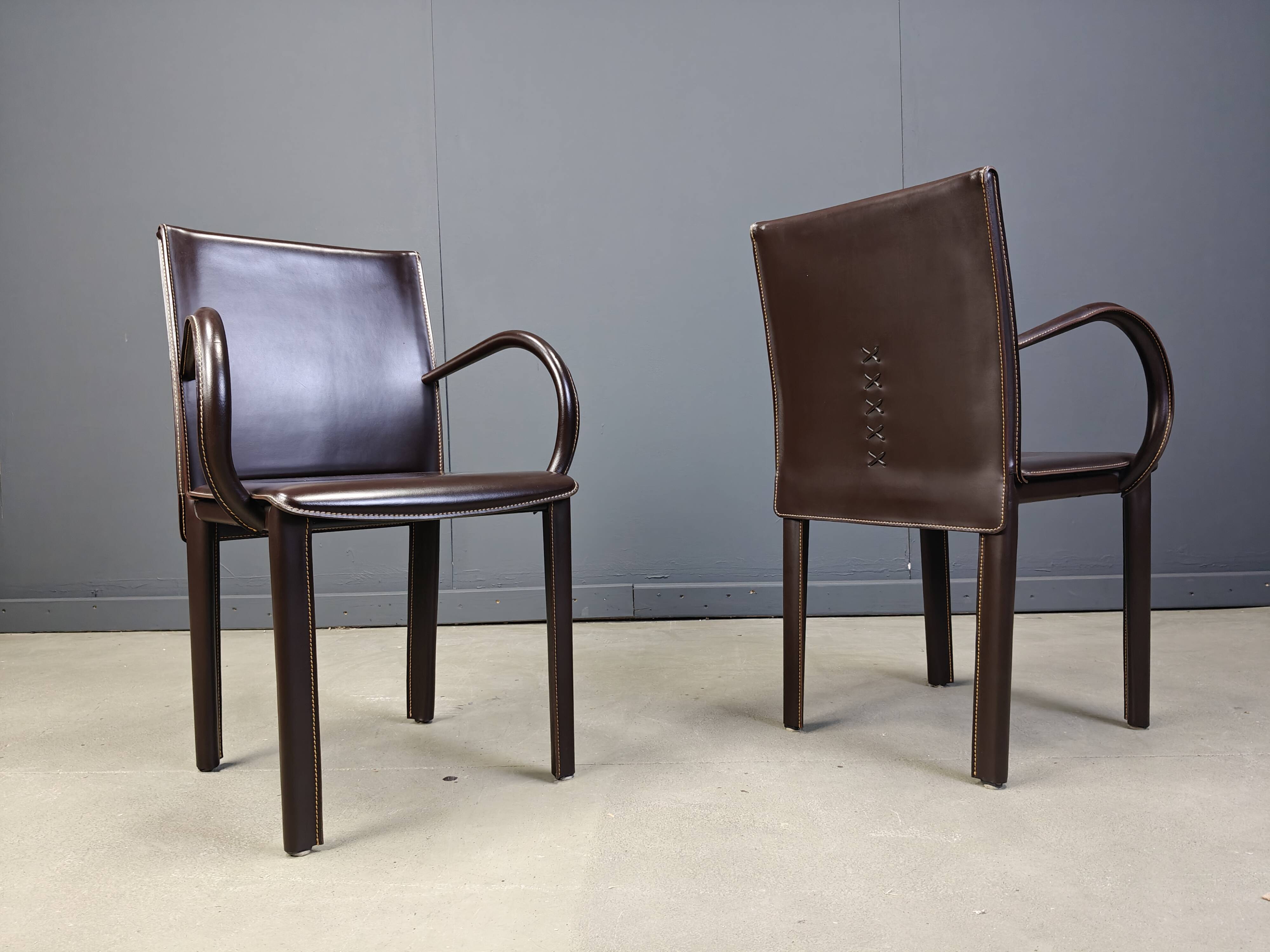 Pair of brown leather armchairs by Arper italy, 1980s